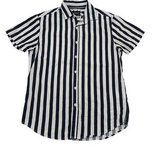 Denim & Flower Shirt Mens Small Navy White Button Stripes Short Sleeve Coastal